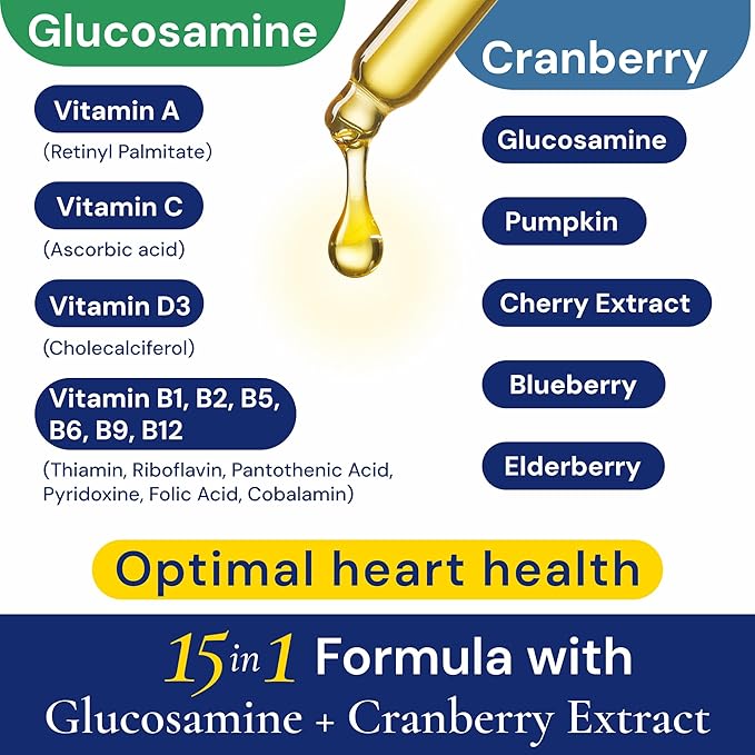 Advanced 15-in-1 Multivitamin for Dogs & Cats - Premium Liquid Supplement with Glucosamine, Vitamin B Complex and Cranberry for Joint, Digestive, Skin, Immune & UTI Support - 2.0 Fl Oz - Made in USA-Mewly Pet