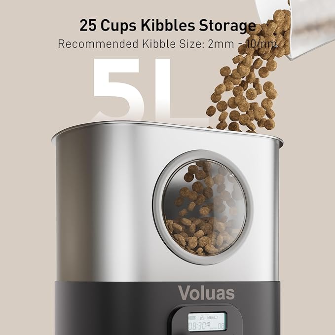 VOLUAS Automatic Cat Feeders for Two Cats,Stainless Steel 5L Pet Feeder for Cats and Dogs Timed Cat Feeder Pet Dry Food Dispenser, Silver Black-Mewly Pet