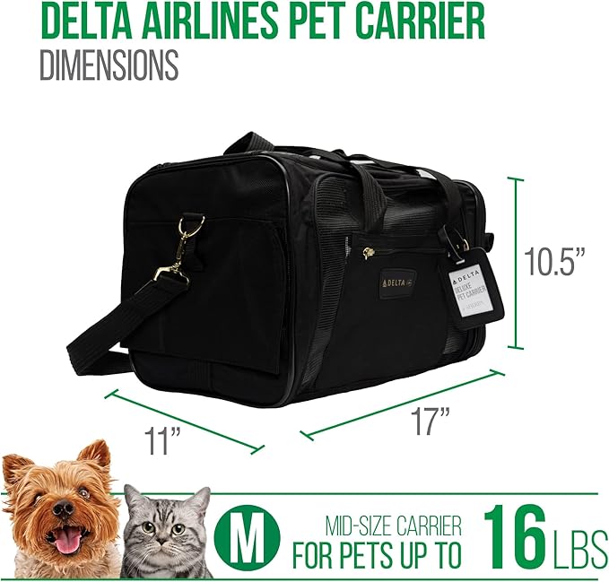 Sherpa Delta Airlines Travel Pet Carrier, Airline Approved & Guaranteed On Board - Black, Medium-Mewly Pet