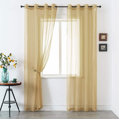 DUALIFE Tan Beige Sheer Curtains with Grommet,Look Semi Natural Taupe Sheer Windows Panels,Elegant Solid Color Touch Soft Drapes, 52X96 Inch for Living Room Bedroom,Set of 2 Panels Khaki
