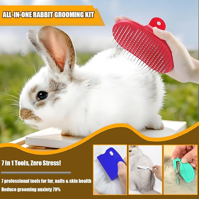 Rabbit Grooming Kit – Bunny Grooming Kit with Shedding Brush, Nail Clippers & Comb – Small Animal Grooming Supplies for Rabbits, Guinea Pigs, Hamsters, Ferrets - Small Pet Shedding & Care (Pink)-Mewly Pet