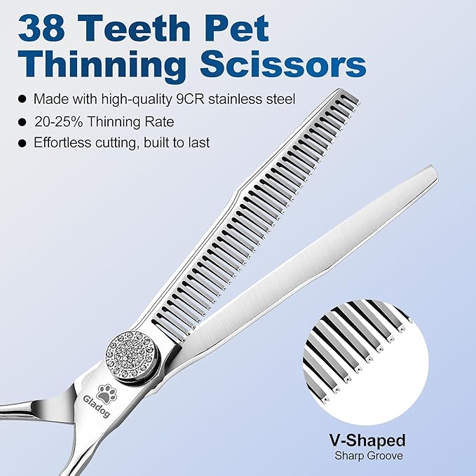 GLADOG 6.5" 9CR Thinning Shears for Dogs - Professional Dog Thinning Scissors with Luxurious Diamond Pivot Nut, Ideal Dog Grooming Scissors for Reducing Bulk, Dog Shears，Dogs Scissor for Grooming-Mewly Pet