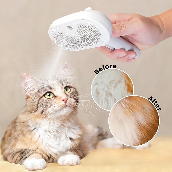 Cat Steam Brush, 3 In 1 Steamy Cat Brush with Release Button and Tank, Anti-Static Pet Spray Hair Removal Comb, Rechargeable Dog Steam Comb for Furry Pet-Mewly Pet