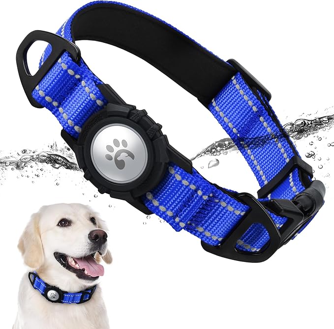 TagME Airtag Dog Collar,Waterproof Reflective Pet Collar with Airtag Holder,Soft Padded and Double D-Rings for Large Dogs,Navy Blue-Mewly Pet