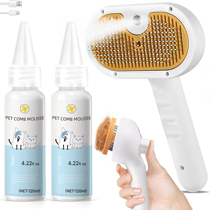 Pet Steam Brush for Dog & Cat – 3-in-1 Spray Hair Removal Comb – Steam for Shedding & Grooming – Water Brush for Long & Short Haired Pets – Spritz Defur Comb – Includes 2*Waterless Shampoo-Mewly Pet