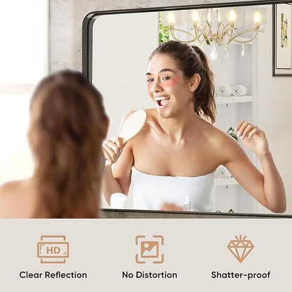 DUMOS Black Metal Framed Vanity Rounded Rectangle Bathroom Mirrors for Over Sink Wall, 36x24 Inch Large Matte Mirror, Modern Decorative for Restroom, Farmhouse, Horizontally or Vertically Hanging