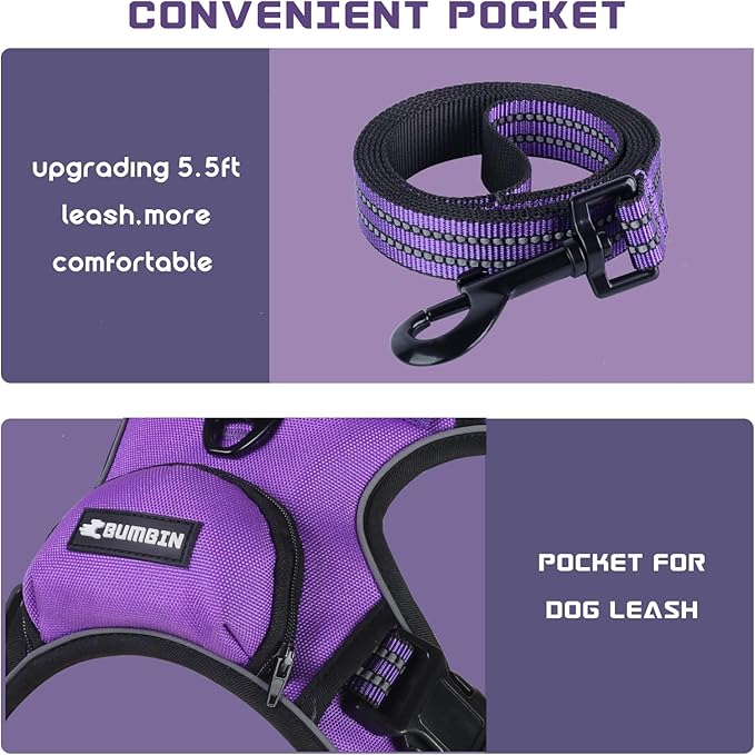 BUMBIN Dog Harness for Large Dogs, No Pull Adjustable No Choke Pet Vest with Dog Leash Fit Smart Reflective Pet Walking Harness for Training Easy Control Soft Handle Purple S-Mewly Pet