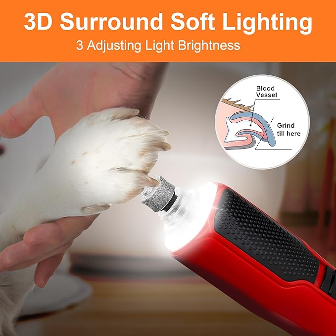 Dog Nail Grinder 7-Speed & 360° LED Light, Professional Pet Nail Grinder for Dogs and Cats, Electric Dog Nail Trimmer Painless Paws Grooming & Smoothing Tool for Large Medium Small Dogs Cats Pets-Mewly Pet