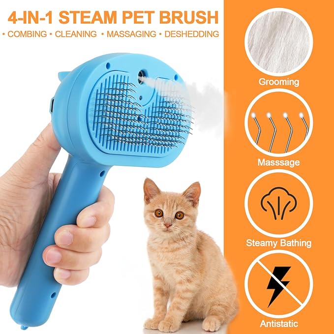 Cat Steam Brush for Shedding, 4 in 1 Steamy Cat Brush with Release Button, Self Cleaning Metal Pet Misting Hair Comb with Handle for Grooming Kitten Dog(Blue)-Mewly Pet