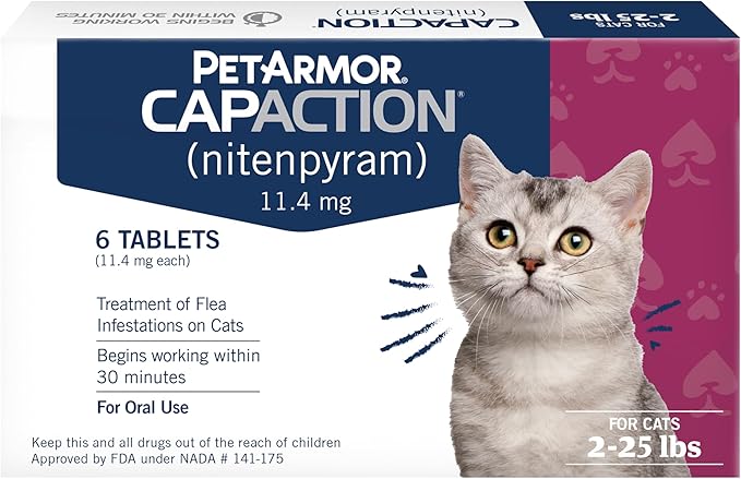 PetArmor CAPACTION (nitenpyram) Oral Flea Treatment for Cats, Fast Acting Tablets Start Killing Fleas in 30 Minutes, Cats 2-25 lbs, 6 Doses-Mewly Pet