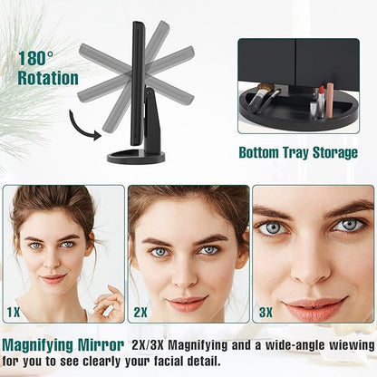 FASCINATE Lighted Makeup Mirror, 21 Bright LED Lights, 3x/2x/1x Magnifying Trifold LED Vanity Mirror, Touch Control Dimmable Brightness,180 ° Rotaion