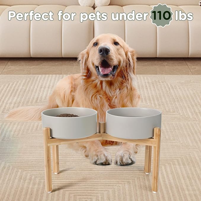 SPUNKYJUNKY Elevated Dog Bowls Ceramic, 8.3'' Dogs Food Water Bowls Raised with Non-Slip Bamboo Stand for Large Sized Breed Microwave Dishwasher Safe - 60 OZ,Grey-Mewly Pet
