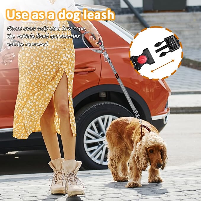 Removable Dog Seat Belt Harness for Car, 3 in 1 Pet Dog Car Seatbelt Leash, Retractable Restraint Secures to Vehicle Headrest & Adjustable Reflective Bungee Dog Seatbelt Tether, Grey-Mewly Pet