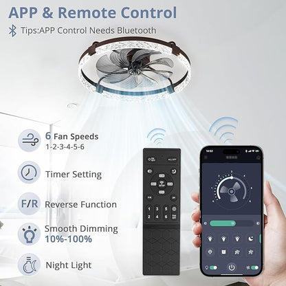 LEDIARY 2 Pack 24 Inch Modern Ceiling Fans with Lights and Remote, Dimmable Flush Mount Ceiling Fan, Brown Low Profile Ceiling Fan with 3 CCT and 6 Speeds