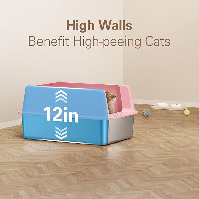 Zarler Stainless Steel Litter Box with Lid, Extra Large Cat Litter Boxes, XL Large Metal Litter Box for Big Cats with High Sided, Pink (Non-Sticky, Easy to Clean, Anti-Urine Leakage)-Mewly Pet