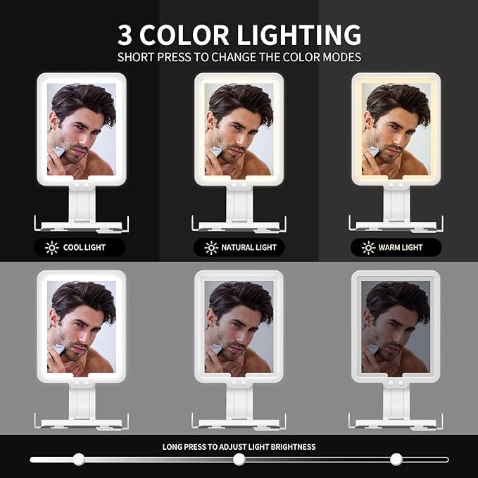 Lighted Shower Mirror Fogless for Shaving, Heated Fog Free Large 9.5*7inch 3 Color Modes Dimming Shower Shaving Mirror with Light, Rechargeable Anti-Fog Shower Mirror with Storage Tray & Razor Holders