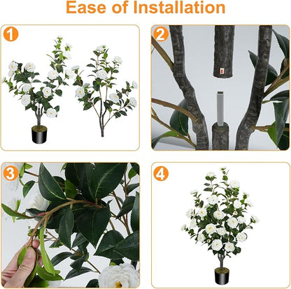 2 Pack 43.3"/3.6FT Artificial Camellia Tree Fake Outdoor Tree with 32 Blooming Flowers White Tree for Home Front Door Winter Christmas Indoor Decor (Including Dried Moss)