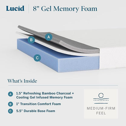 Lucid 8 Inch Memory Foam Mattress - Medium Firm Feel - Infused with Refreshing Bamboo Charcoal and Cooling Gel - Bed in a Box - Temperature Regulating - Pressure Relief - Breathable - Twin Size