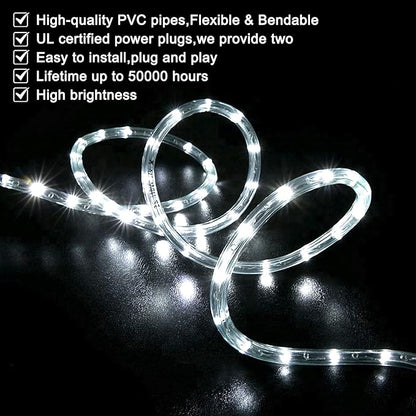 SURNIE Rope Lights Outdoor Waterproof Daylight White: LED 50FT Cuttable Outside Bright 110V Lighting Connectable Flexible Plug Cool Clear Tube, Indoor Deck Patio Xmas Camping Decor, Not Flat Strip