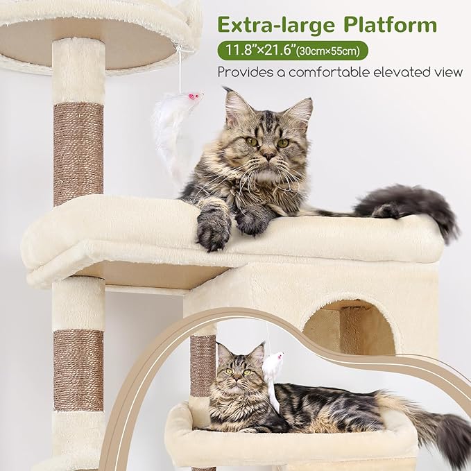 Globlazer Heavy Duty Cat Trees for Large Cats, Sturdy 72in Maine Coon Cat Tree for Large Cat 20 lbs+ Heavy Duty Cat Tower for Adult Biggest Cats with 6 Scratching Posts, Hammock, S72, Beige-Mewly Pet