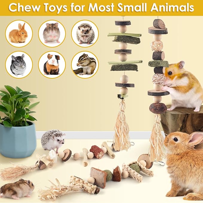 4 Pcs Bunny Chew Toys for Teeth, Hanging Rabbit Chewing Toy Treats with Timothy Grass & Natural Apple Wood, Improve Small Rodent Dental Health for Guinea Pig Hamster Chinchilla Rat Gerbil-Mewly Pet