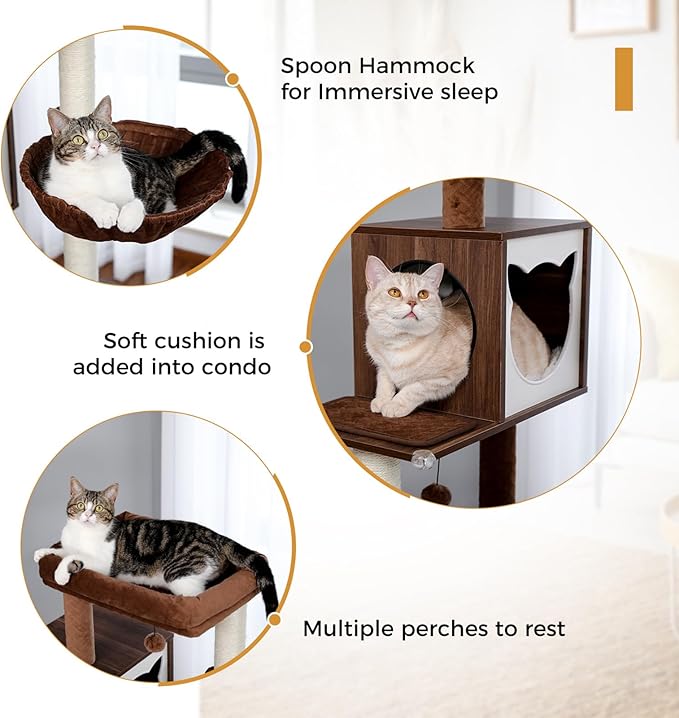 Tall Cat Tree with Litter Box Enclosure 56.7" Wooden Cat Tower for Large Cats with Cat Hammock House Bed (Wood Beige)-Mewly Pet