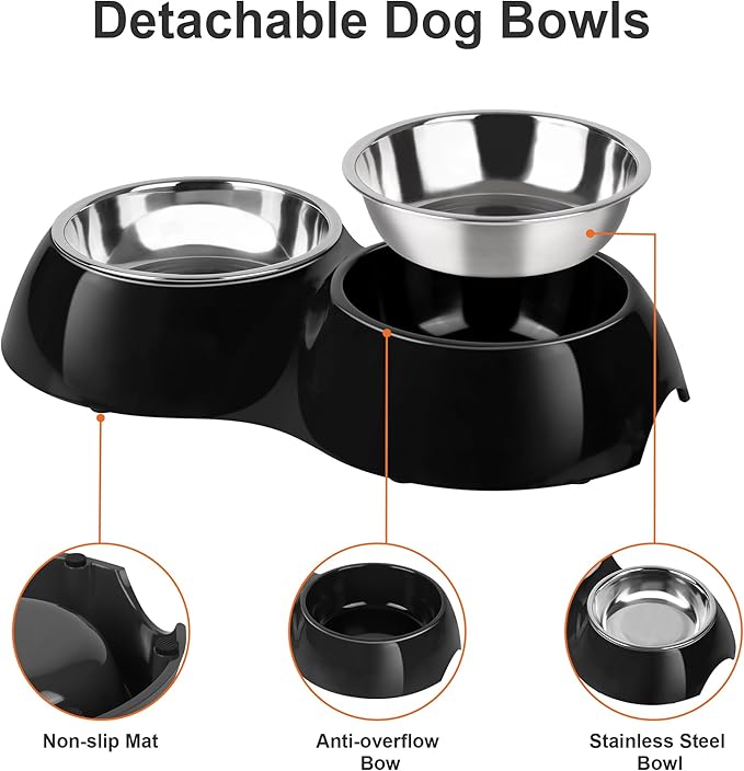 Stainless Steel Dog Bowls Set – Dual Non-Slip Pet Dishes with 2 Small (1 Cup*2) Bowls & Durable Resin Stand – Food & Water Feeder for Puppies, Cats, and Medium Dogs – Black-Mewly Pet