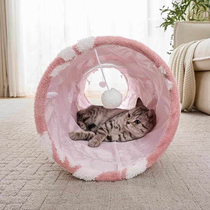 Straight Cat Tunnel for Indoor Cats 47"x12", Cute Cat Toys Collapsible Tunnel Tube with Balls for Puppy Kitten Rabbit, Pink Flower-Mewly Pet
