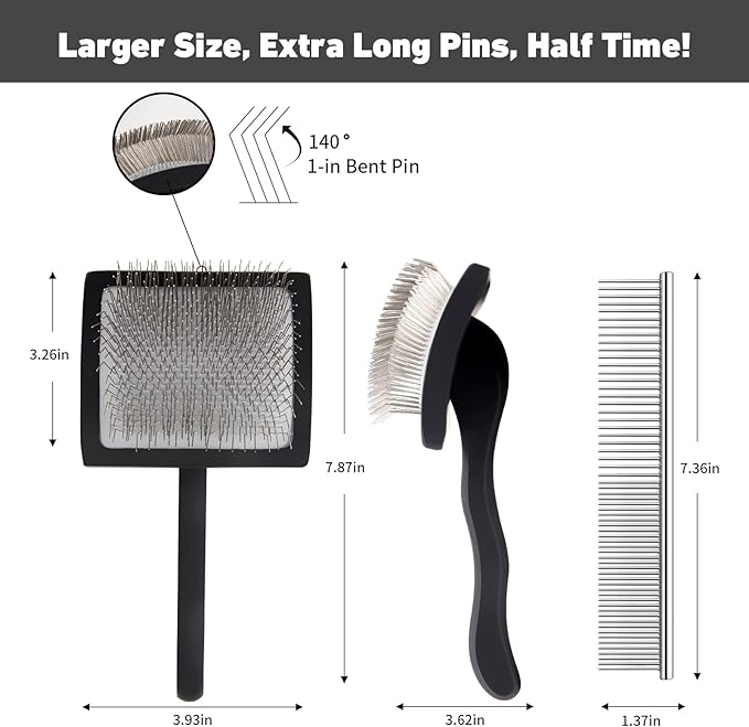 Dog Slicker Brush for Shedding and Grooming Medium or Long Haired Cats, Extra Long & Soft Pin Slicker Brush for Removes Loose Hair, Tangles, Knots, Undercoat, Free Pet Comb, Large Black-Mewly Pet