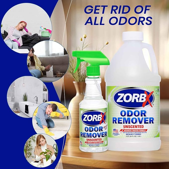ZORBX Unscented Odor Eliminator for Strong Odor 16 Oz + 64 Oz - Used in Hospitals & Healthcare Facilities - Advanced Trusted Formula, Fast-Acting Odor Remover Spray for Dog, Cat, House & Carpet-Mewly Pet