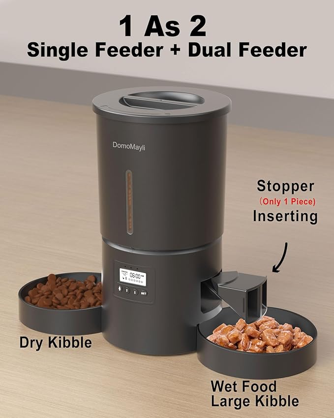Automatic Dual Cats Feeder for 2 Cats,6 Meals/Day,12 Portions/Meal,Dual Power Auto Pet Feeder Dry Food Dispenser,Flexible Schedule Timer 10S Voice Record (Black, ABS Dual Bowls)-Mewly Pet