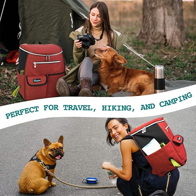 PetAmi Dog Travel Bag Backpack, Airline Approved Dog Bags for Traveling, Puppy Diaper Bag Supplies, Pet Camping Essentials Hiking Accessories Dog Mom Gift, Food Container, Collapsible Bowls, Red-Mewly Pet