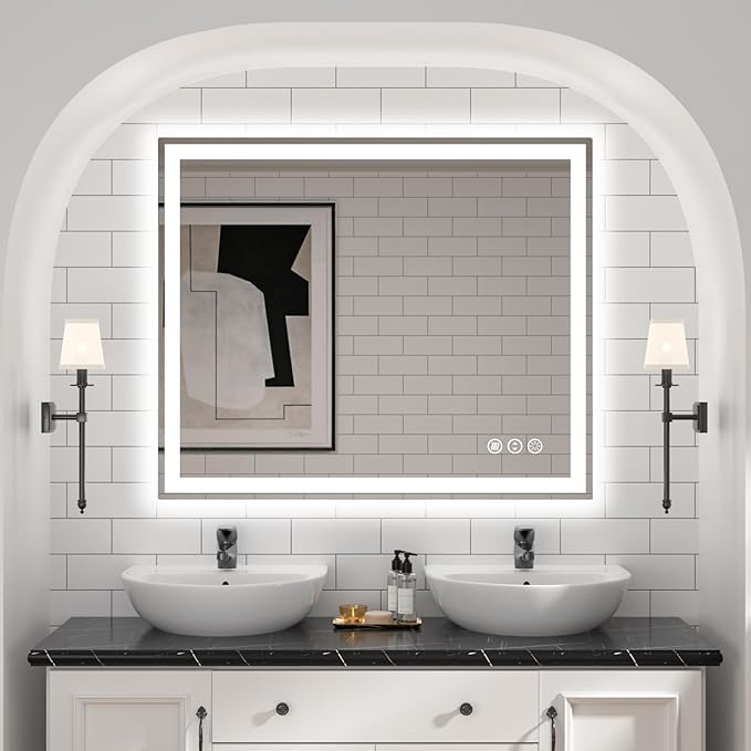 LED Bathroom Mirror, 48"X40" with Front and Backlit, Anti-Fog, Bathroom Vanity Mirror with Memory Function, Stepless Dimmable Lighted Bathroom Mirror, Tempered Glass (Horizontal/Vertical)