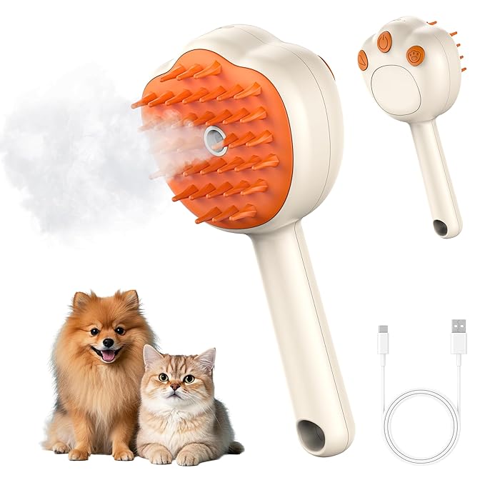 Steam Cat Brush, 6-in-1 Dog Brush Spritz Defur Comb, Steamy Skin Friendly Deshedding Grooming Tool, Suitable for Shedding & Haired Pets, Pet Supplies Accessories,Yellow-Mewly Pet