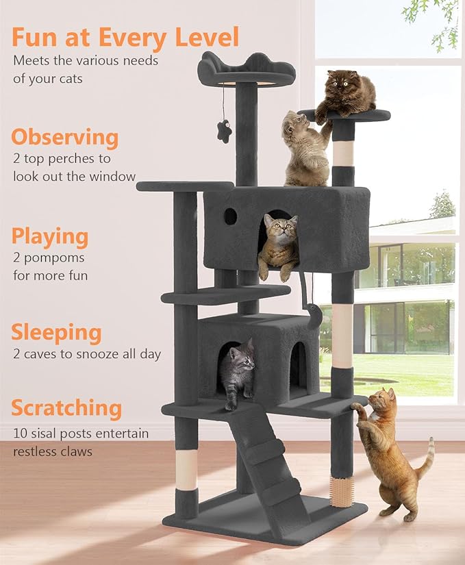 60" Cat Tree Tower for Indoor Cats Large Adult,Cute/Tall Modern Cat Tree for Big Cats 20 lbs, Plush Multi-Level Cat Condo with Scratching Posts,Dangling Ball (Smoky Gray, 60 inch)-Mewly Pet