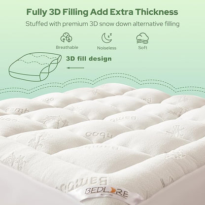 BEDLORE Twin Mattress Topper Viscose Derived from Bamboo, Thick Pillow Top Mattress Pad with Stretchable Pockets for 6-15 inches Mattress, Soft Breathable Mattress Topper for Back Pain Relief