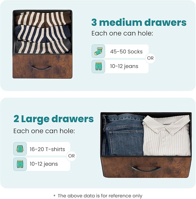 OLIXIS Dresser for Bedroom, 5 Storage Fabric Drawers, Metal Frame and Wooden Top, Tall Storage Drawer Dresser for Closet with Easy Pull Handles for Living Room, Entryway, Small Space