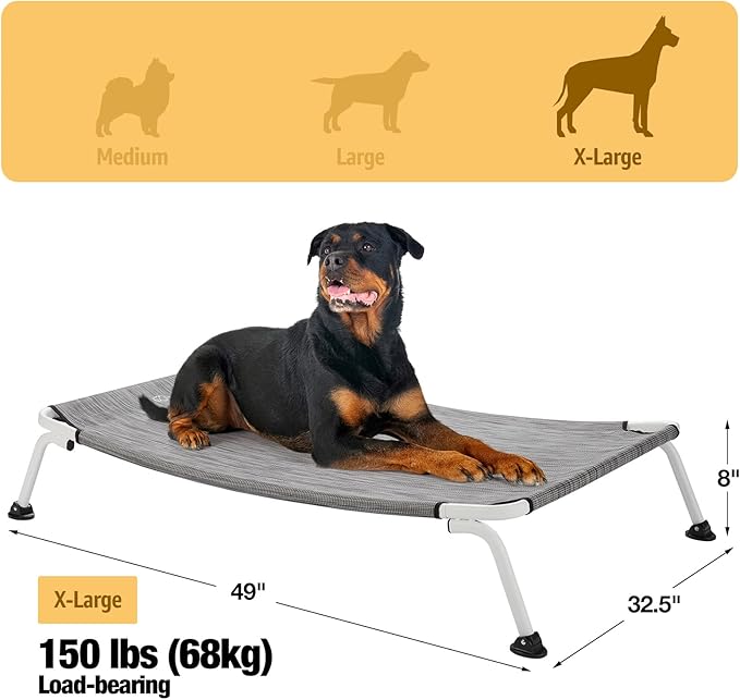 Veehoo Elevated Dog Bed for Outdoor, Cooling Waterproof Raised Dog Cots Beds XL, Curved Off Ground Pet Hammock Cot Lifted for Outside, up to 150lbs, White Legs, Black Silver 49"-Mewly Pet