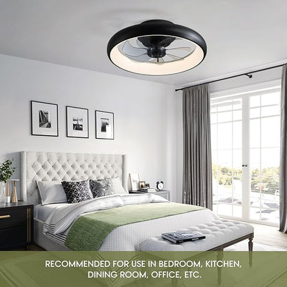 Ceiling Fans with Lights 20'' Flush Mount Fan Remote & APP Control Black Low Profile 6 Wind Speeds Smart Dimmable LED for Bedroom Living Room (Y1095-BK-ELE)