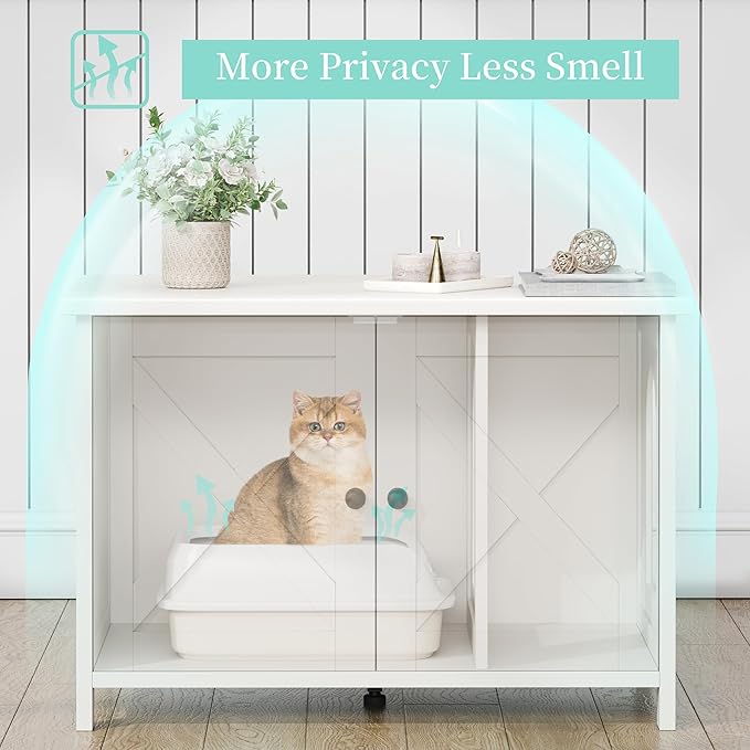Vongrasig Cat Litter Box Enclosure,Litter Box Furniture Hidden with Barn Door,Wooden Cat Washroom Furniture,Cat House,End Table, Fit Most of Litter Box, White-Mewly Pet