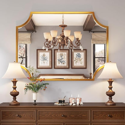 Kelly Miller 30"x40" Large Gold Bathroom Mirror for Wall, Gold Scalloped Vanity Mirror Bevelled Framed Decorative Mirror for Master Bath Half Bath Entrance Hallway Bedroom Living Room Fireplace Mantle