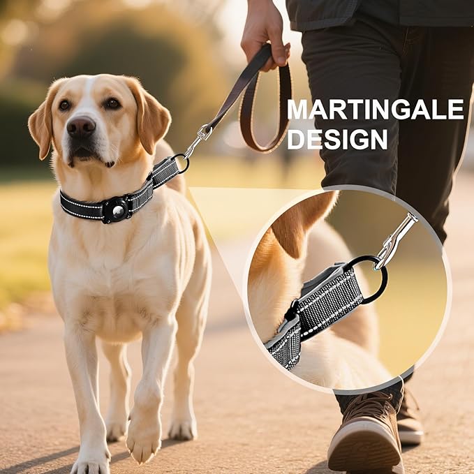 Airtag Dog Collar with Martingale Design, IP68 Waterproof Air Tag Collar Holder, Adjustable Reflective Soft Padded Nylon Dog Collar for Large Medium Small Dogs-Mewly Pet