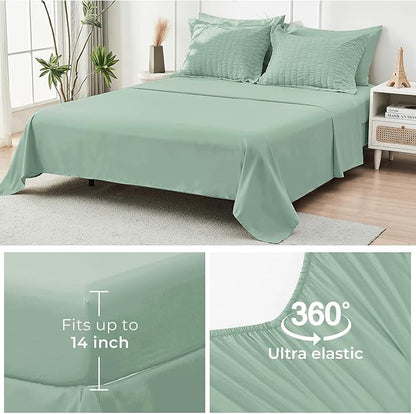 HYMOKEGE Sage Green Queen Comforter Set Seersucker 7 Pieces, All Season Luxury Bed in a Bag for Bedroom, Bedding Set with Comforters, Sheets, Pillowcases & Shams