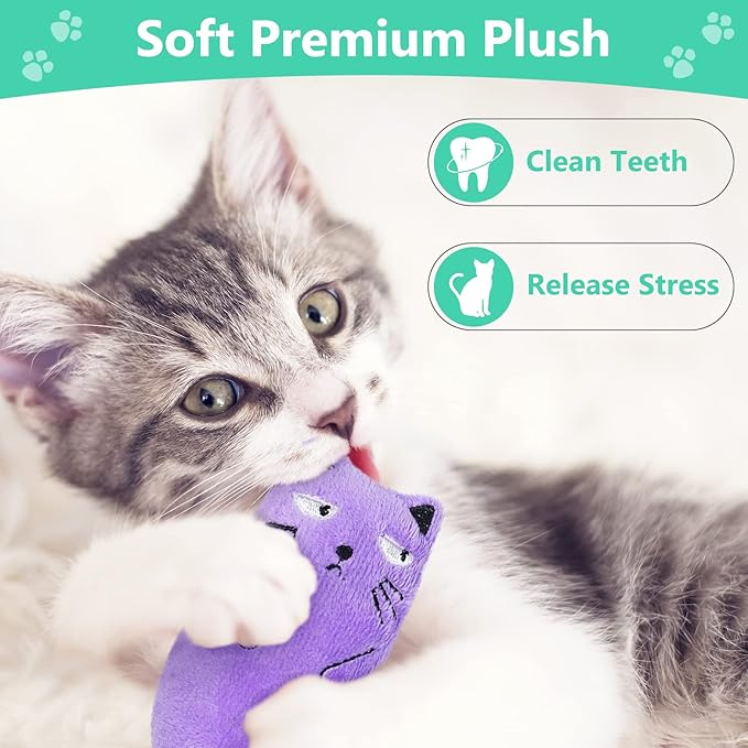 SCHITEC Catnip Toys, [8 PCS] Soft Plush Cat Nip Chew Toy for Indoor Cats, Interactive Kitten Pillow Kitty Teething Toy-Mewly Pet