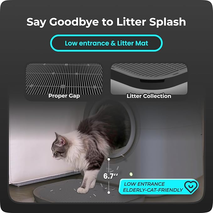 TYPro Self Cleaning Cat Litter Box Automatic Hands-Free Smart Robot self Cleaning Cat Litter Box for Multiple Cats with APP Control Safe with Litter Mat Waste Bags and Deodorizer Dark Grey-Mewly Pet