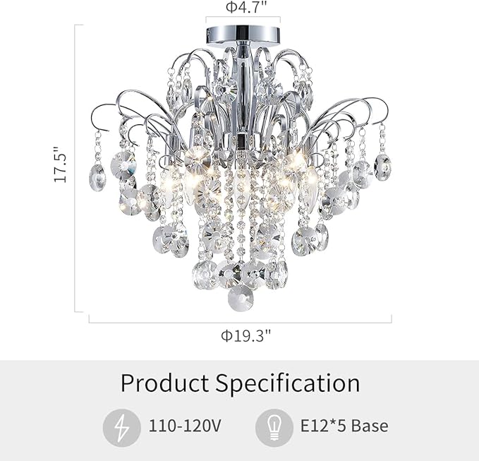 WUZUPS Crystal Chandelier Flushmount Ceiling Light Modern Lighting Fixture for Bedroom Hallway Bar Kitchen Bathroom, H 17.5'' x W 19.3'', E12 Base, Chrome
