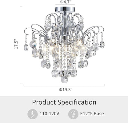 WUZUPS Crystal Chandelier Flushmount Ceiling Light Modern Lighting Fixture for Bedroom Hallway Bar Kitchen Bathroom, H 17.5'' x W 19.3'', E12 Base, Chrome