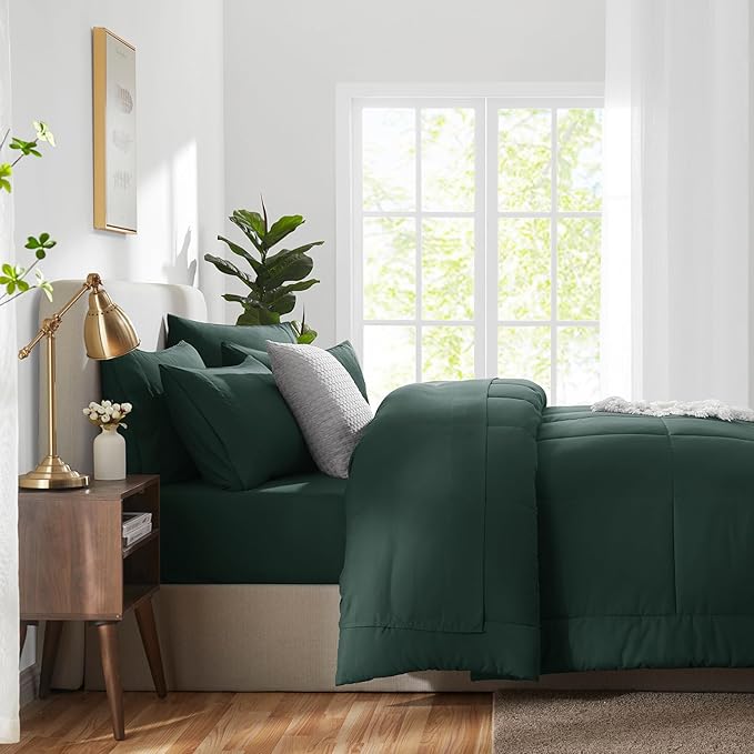 CozyLux Queen Comforter Set Forest Green, 7 Pieces Bed in a Bag, Green Comforter Queen Size, All Season Bedding Sets with Stitch Quilted Comforter, Flat Sheet, Fitted Sheet, Pillowcases