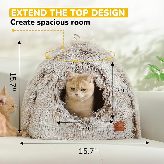 CATISM Cat Bed, Cat Cave for Indoor Cats, Soft Cat Dome, Self-Warming 2 in 1 Foldable Pet Cat House with Washable Cushioned Pillow Calming Fluffy Dog Beds for Small Dogs with Anti-Slip Bottom Brown-Mewly Pet