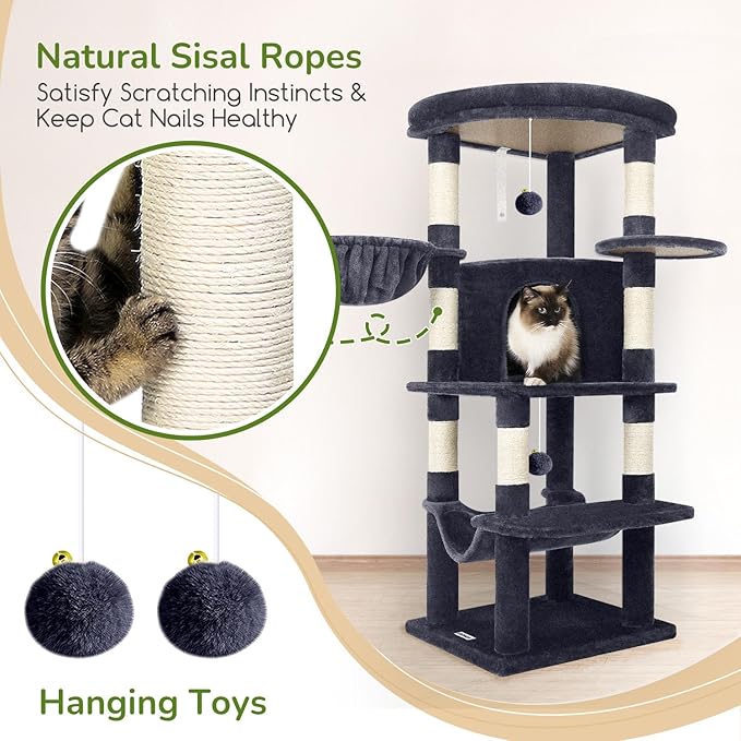 Globlazer Corner Cat Tree Tower for Indoor Cats, 51in Multi-Level Cat Condo Tower with Large Hammock, 7 Sisal Scratching Posts, Oversized Top Perch, Spacious Cat Cave, Hanging Basket, C51, Dark Grey-Mewly Pet